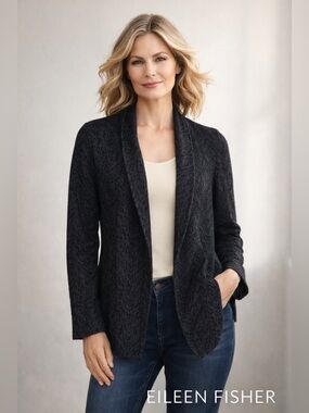 EILEEN FISHER Herringbone  Black/grey open front collared blazer. XS P2P 19.5